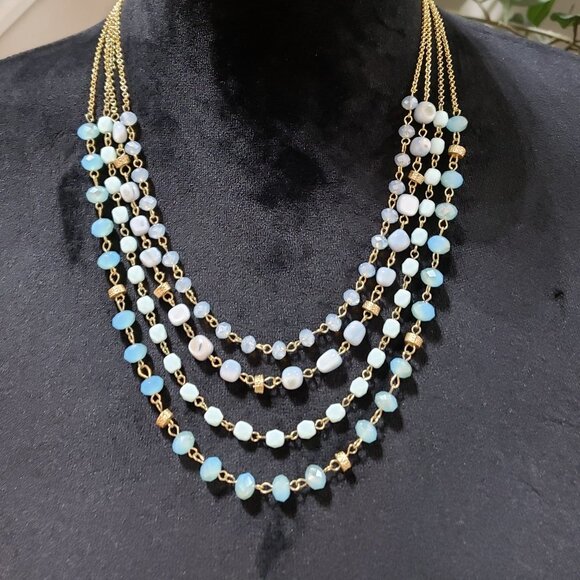 Womens Turquoise Beads Metallic Gold Cord Necklace with Earrings - Picture 1 of 7